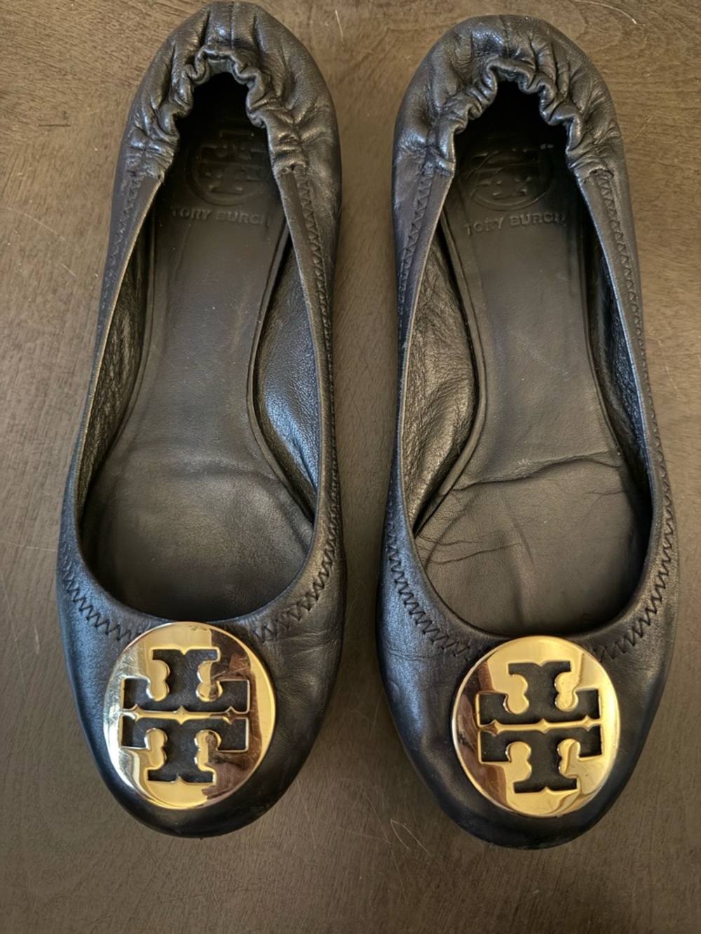 Tory Burch Black Leather Ballet Flats with Gold Logo Medallions